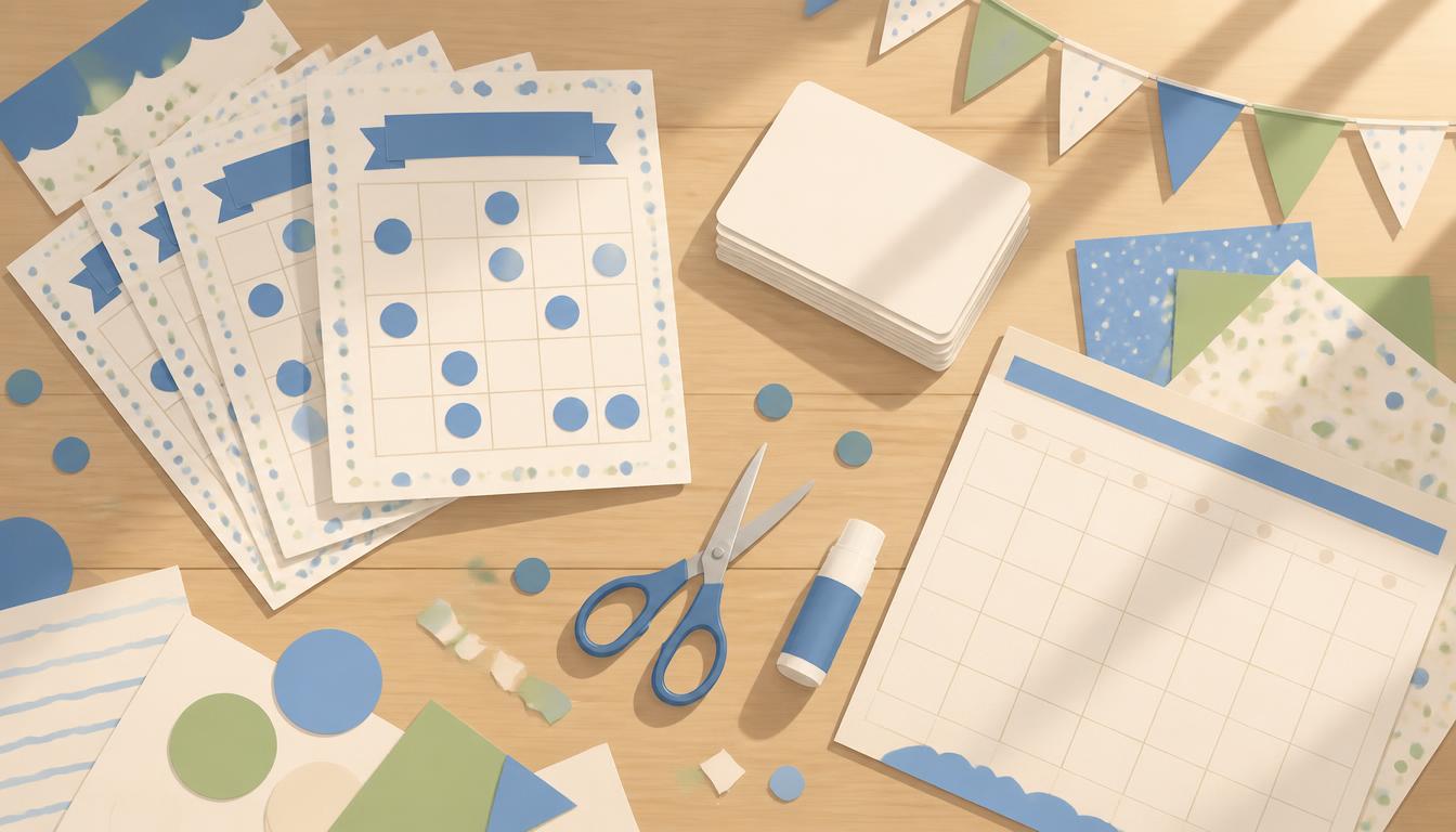 Printed bingo cards, flash cards and calendars on a workbench with a paper trimmer and pegboard of tools