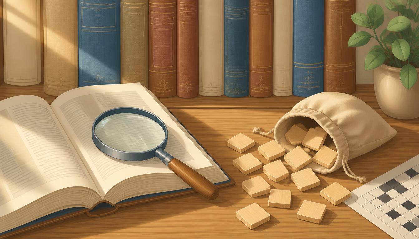 Wooden letter tiles, a crossword page, dictionary and typewriter on a workbench below a pegboard