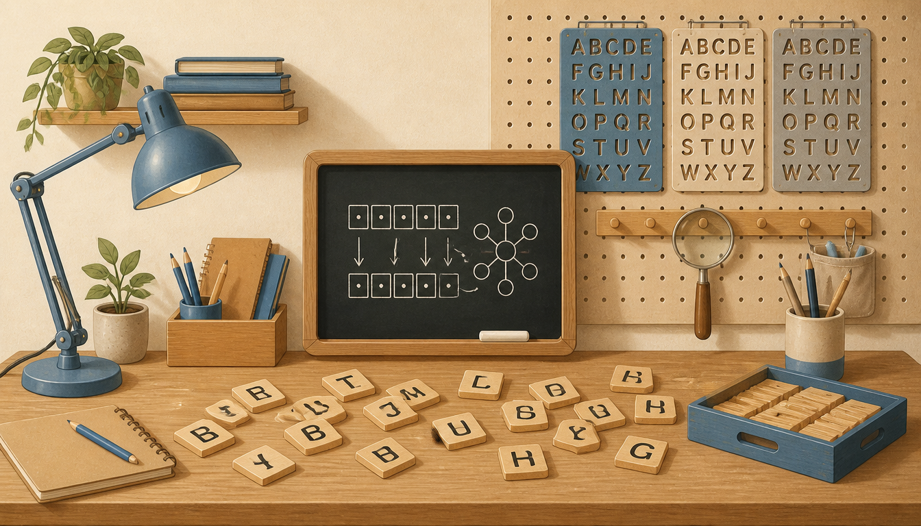 A workshop desk with scattered wooden letter tiles, a small chalkboard, and alphabet stencils hung on a pegboard