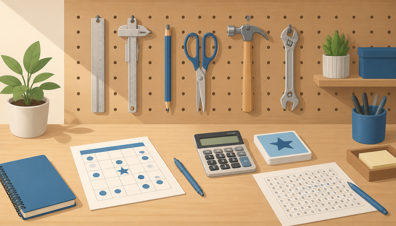 A tidy workbench with calculators, bingo cards, flash cards, and tools hung on a pegboard