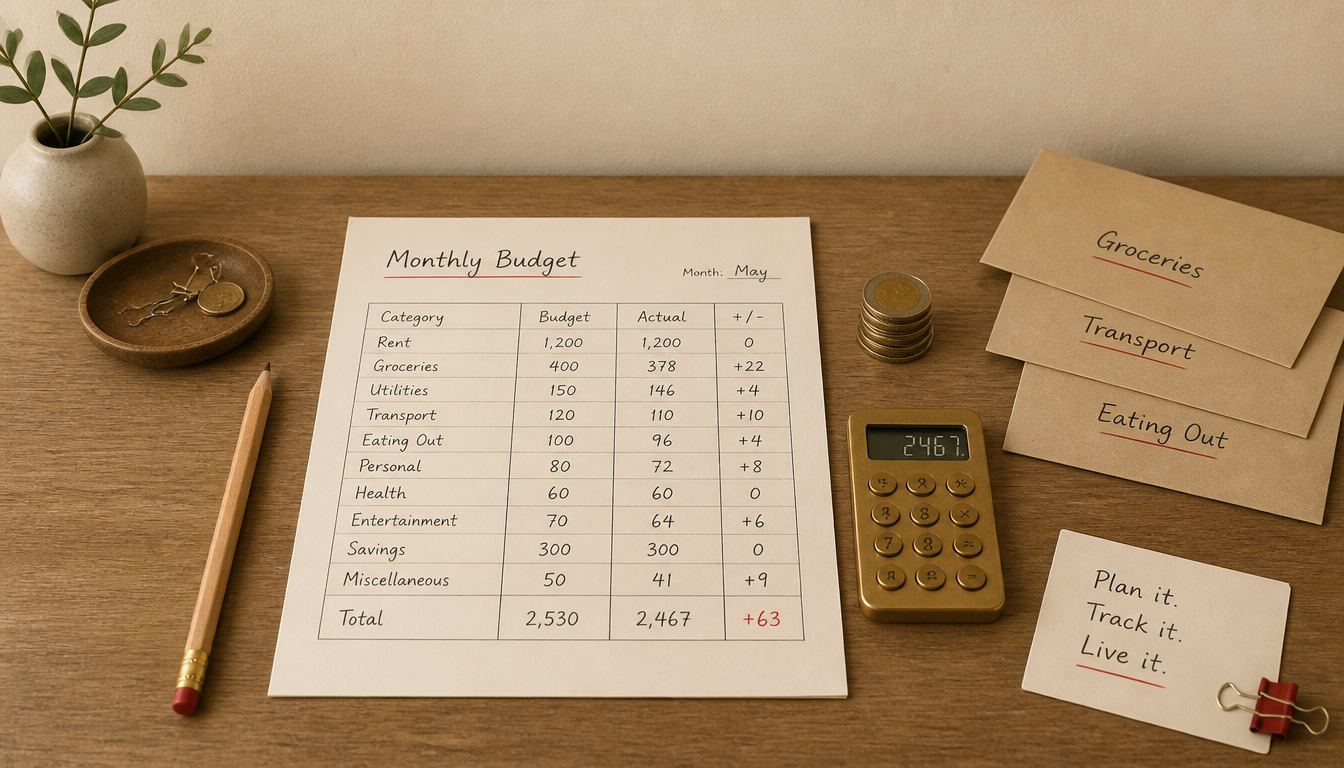 A desk with a handwritten monthly budget sheet, coins, a small calculator and labelled cash envelopes